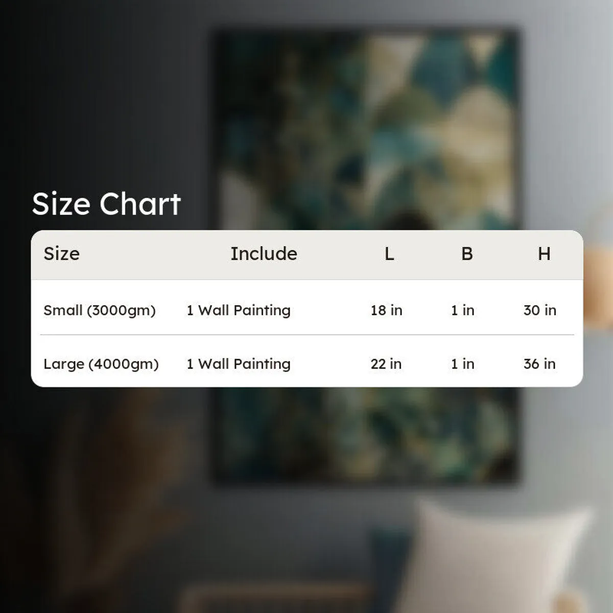 Blurred wall painting in a room with a size chart card overlay
