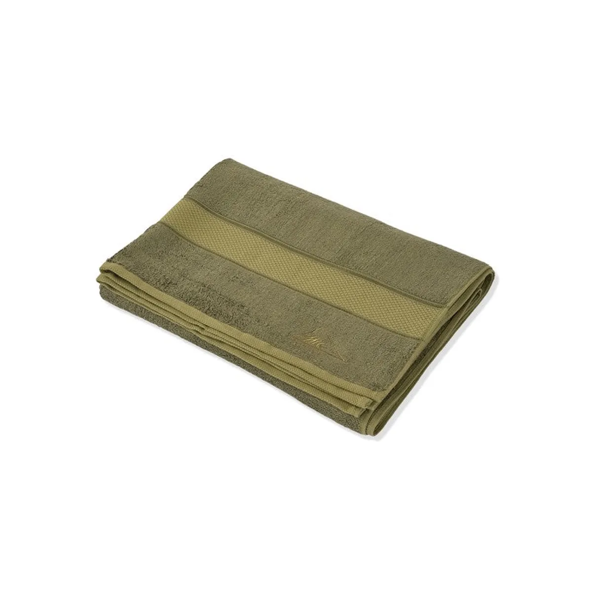Folded olive green bath towel shown on a white background