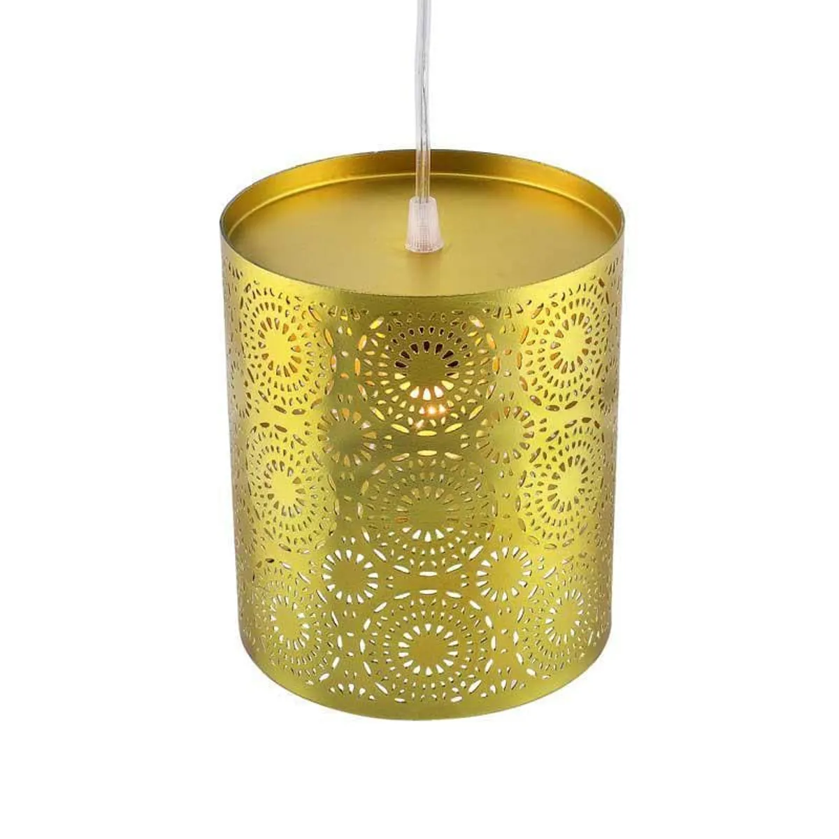 Close-up of gold metal cylindrical lamp with cutwork pattern
