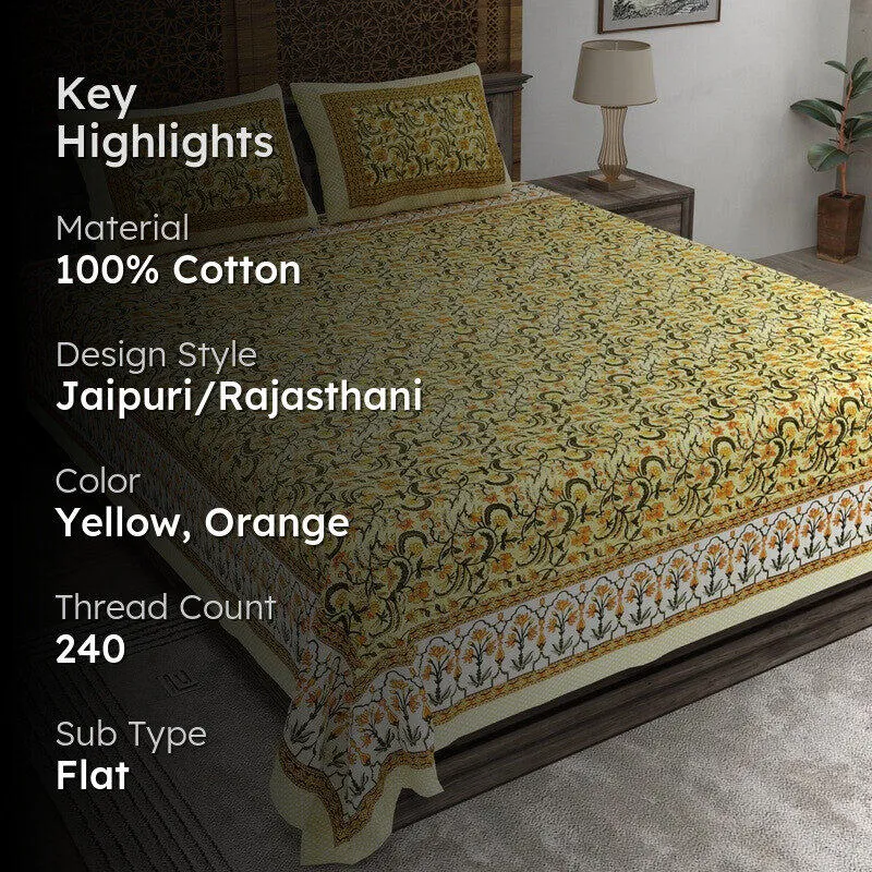 Formio Cotton Bedsheet (Yellow,Orange) - 240 TC media 2