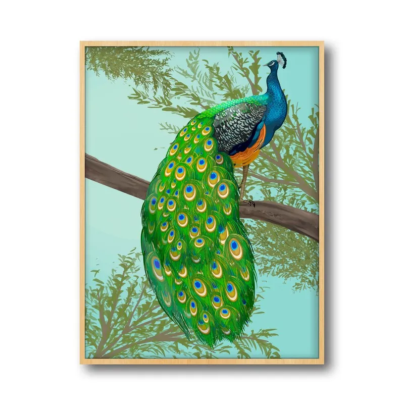Peacock In Color Archival Paper Wall Art - Natural Brown Frame media 6