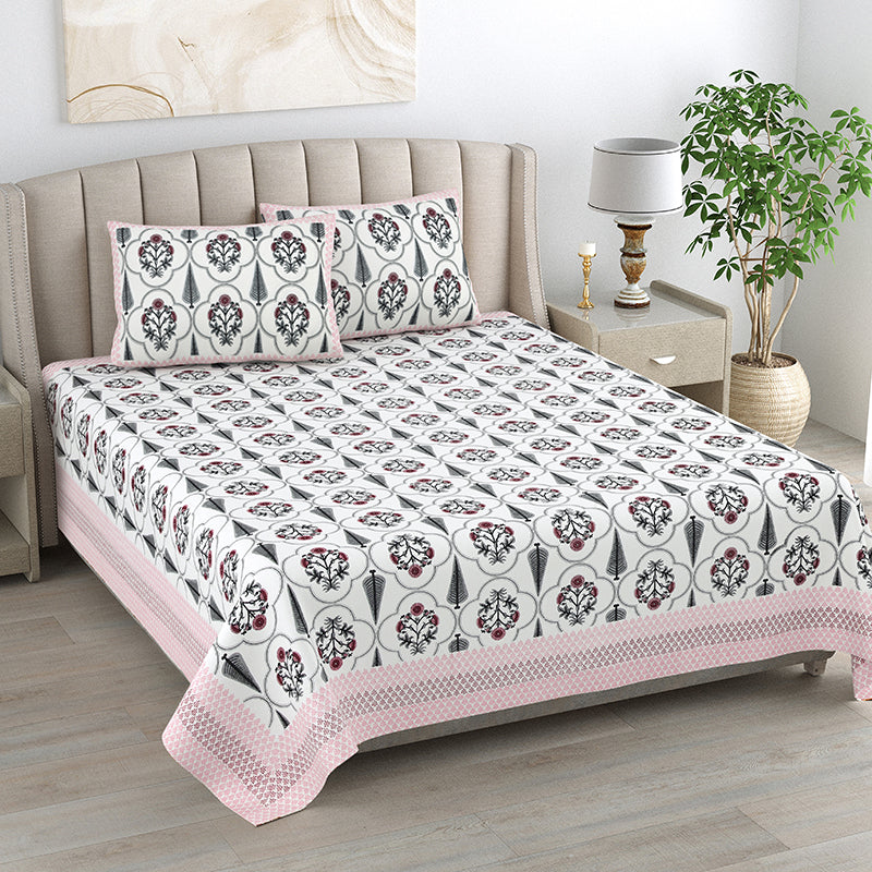 Kritika Cotton Bedsheet (Pale Pink, Green) - 144 TC