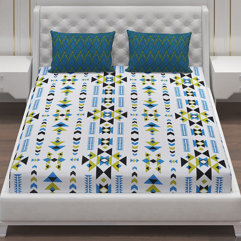 Monte Carlo Magique Angle Cotton Bedsheet (White,Blue) - 104 TC media 4