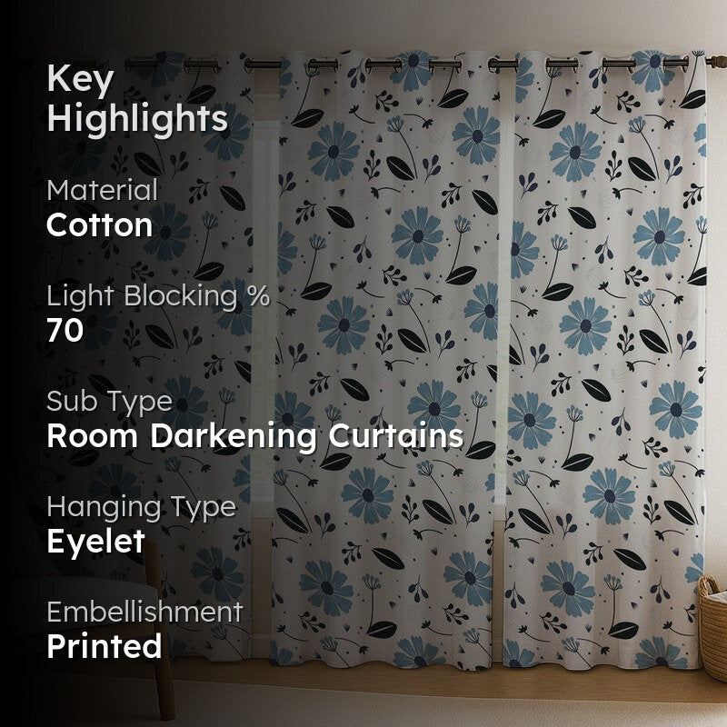 BloomSpry Cotton Curtains (blue,black) - Set Of Three media 2
