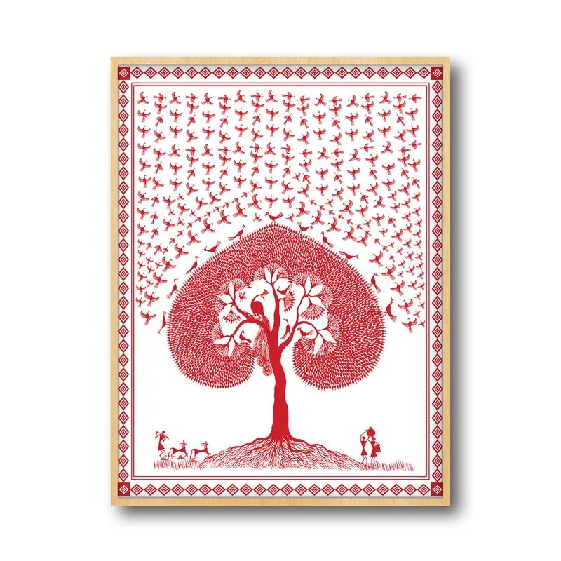 Rosy Grove Framed Warli Canvas Archival Canvas Wall Painting - Natural Brown Frame media 5