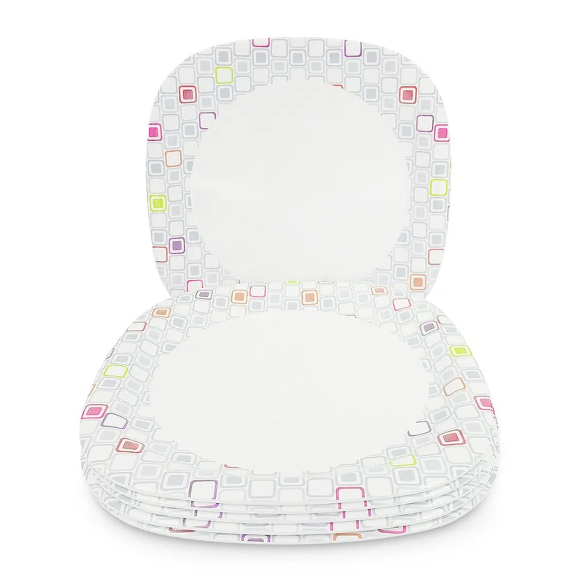 Stack of square melamine quarter plates with colourful geometric borders