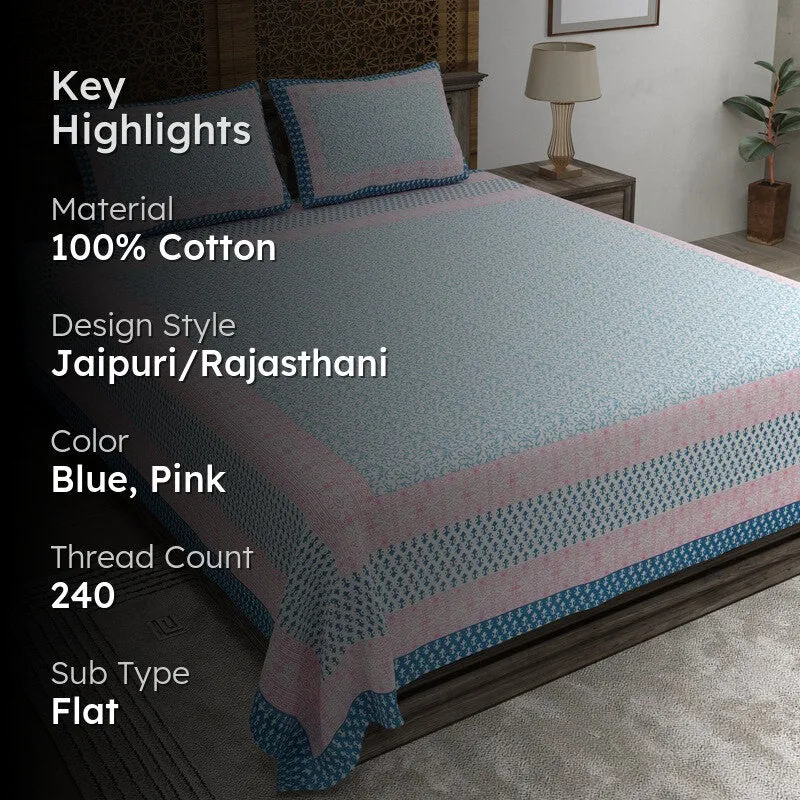 Blossomon Cotton Bedsheet (Blue,Pink) - 240 TC media 2