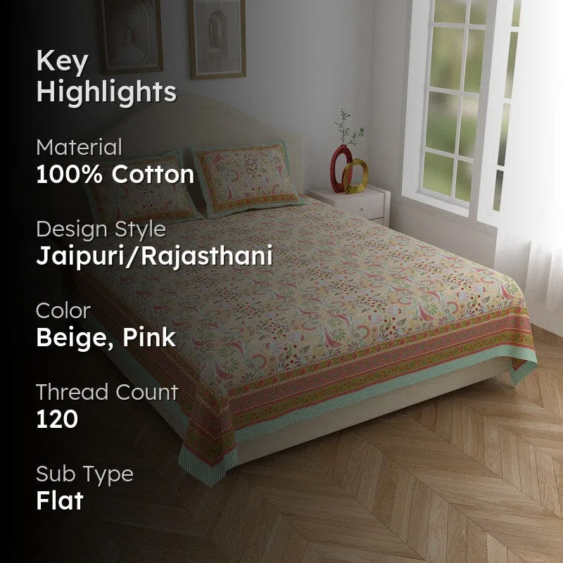 Royal Pattern Cotton Bedsheet (Beige,Pink) - 120 TC media 2