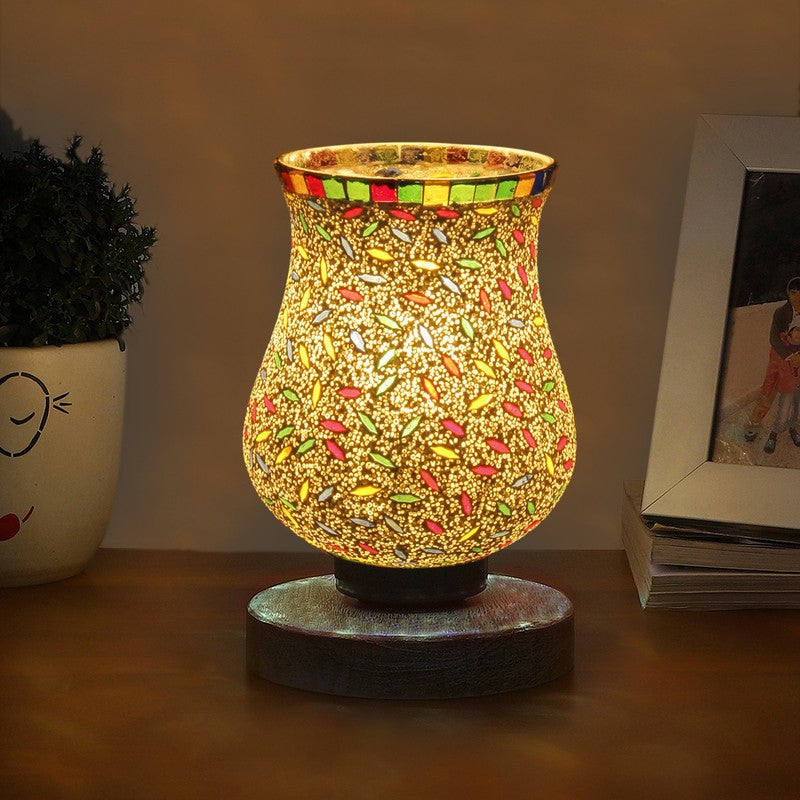 Glowvia Mosaic Glass Table Lamp With Wooden Base - Multicolor