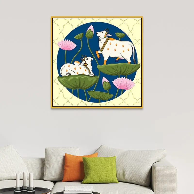 Lotus & Cows Canvas Wall Painting With Frame - Gold media 1