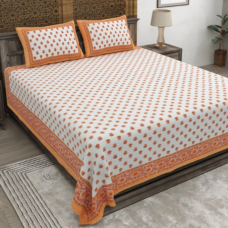Bloomel Cotton Bedsheet (Orange,White) - 240 TC media 1