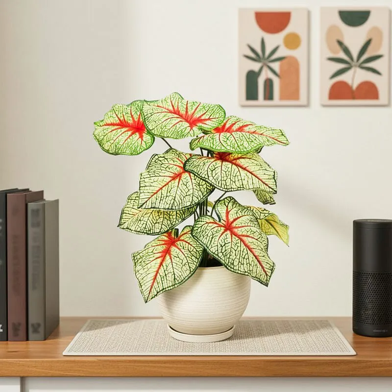 Calena Artificial Caladium With Black Plastic Pot - Yellow & Red media 1