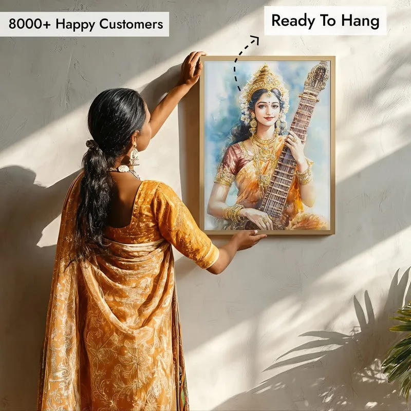 Veena Of Knowledge Spiritual Archival Paper Wall Painting - Natural Brown Frame media 7