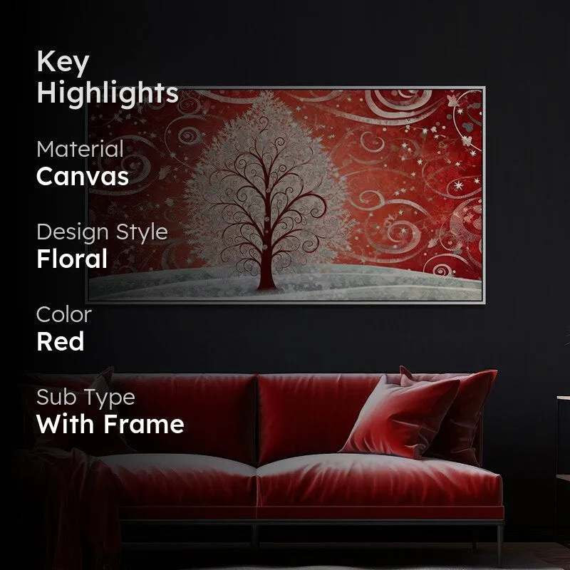 Crimson Snow Swirls Floral Canvas Wall Painting With Frame - White media 2