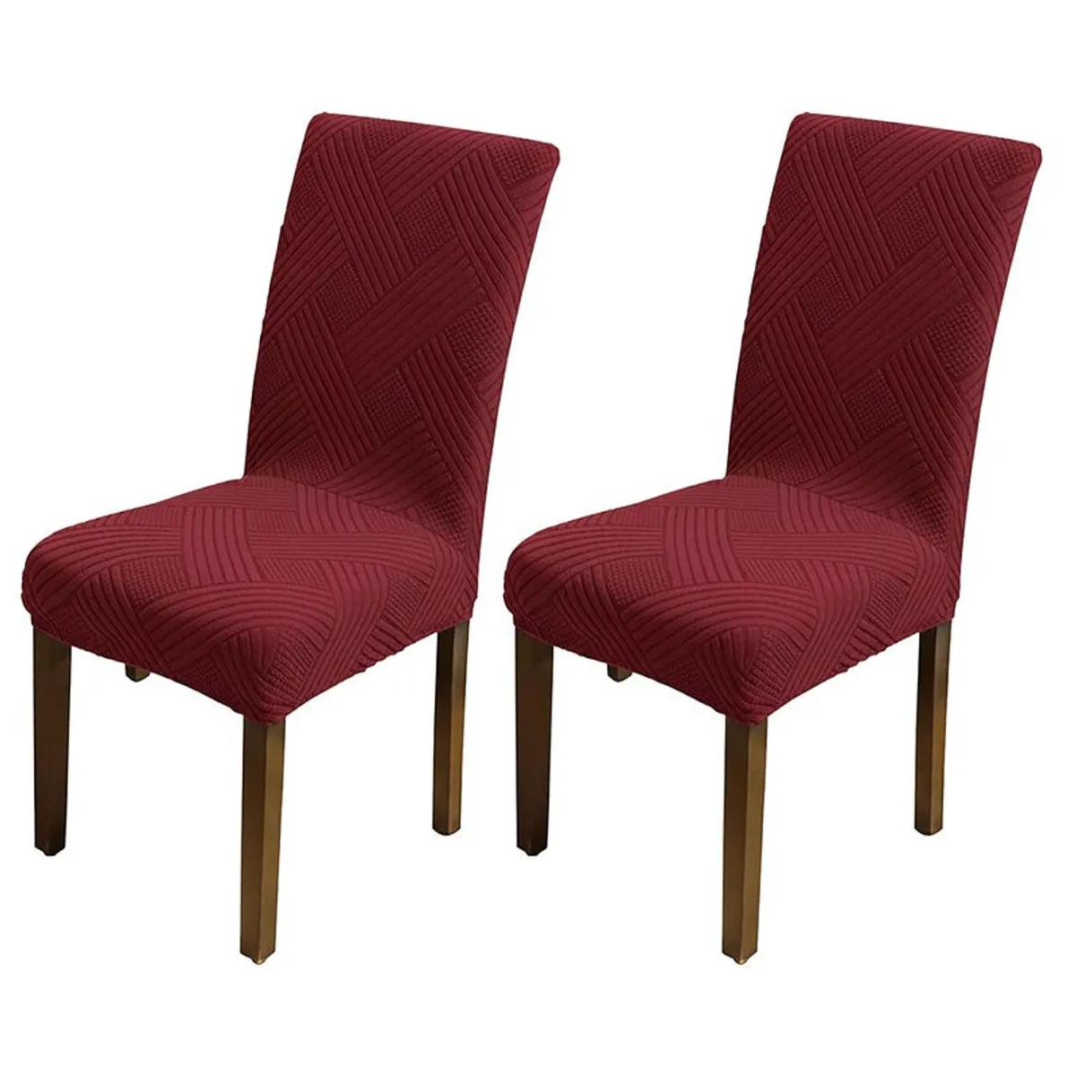 Two maroon elasticated chair covers displayed on separate chairs