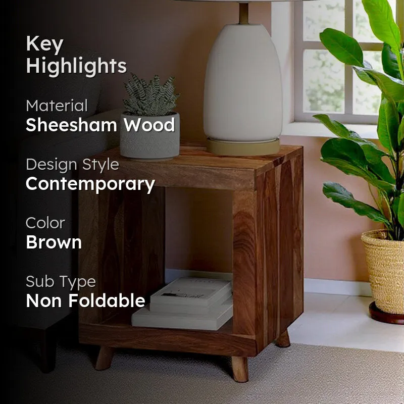 Qverox Sheesham Wooden Side & Bedside Table - Light Brown media 2