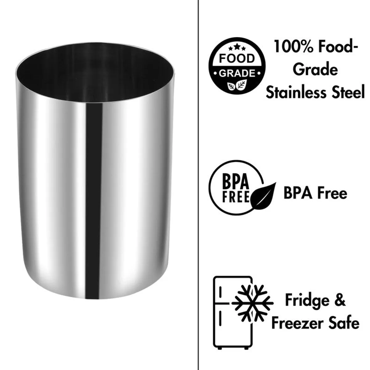 Close-up of a silver cylindrical glass with food-grade and BPA-free icons