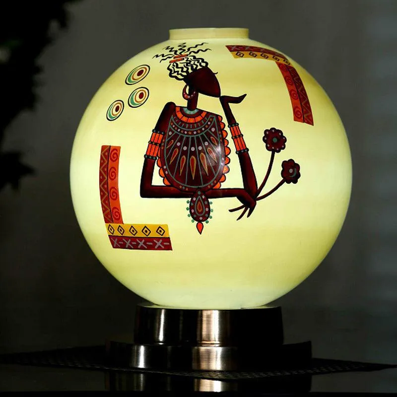Tribal Lumina Hand Painted Brass & Glass Moon Table Lamp - Multicolor media 1