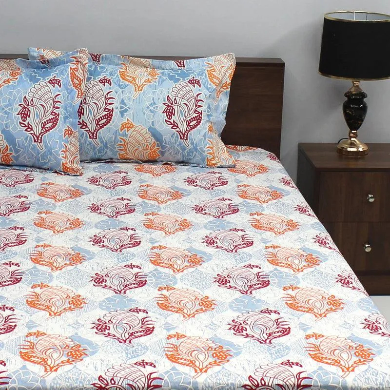 Wishi Ethnic Cotton Bedsheet (Blue) - 110 TC media 1