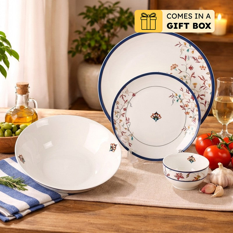 Classic Motif 24k Gold Brushed Dinner Set (White,Blue)- 20 Piece Set