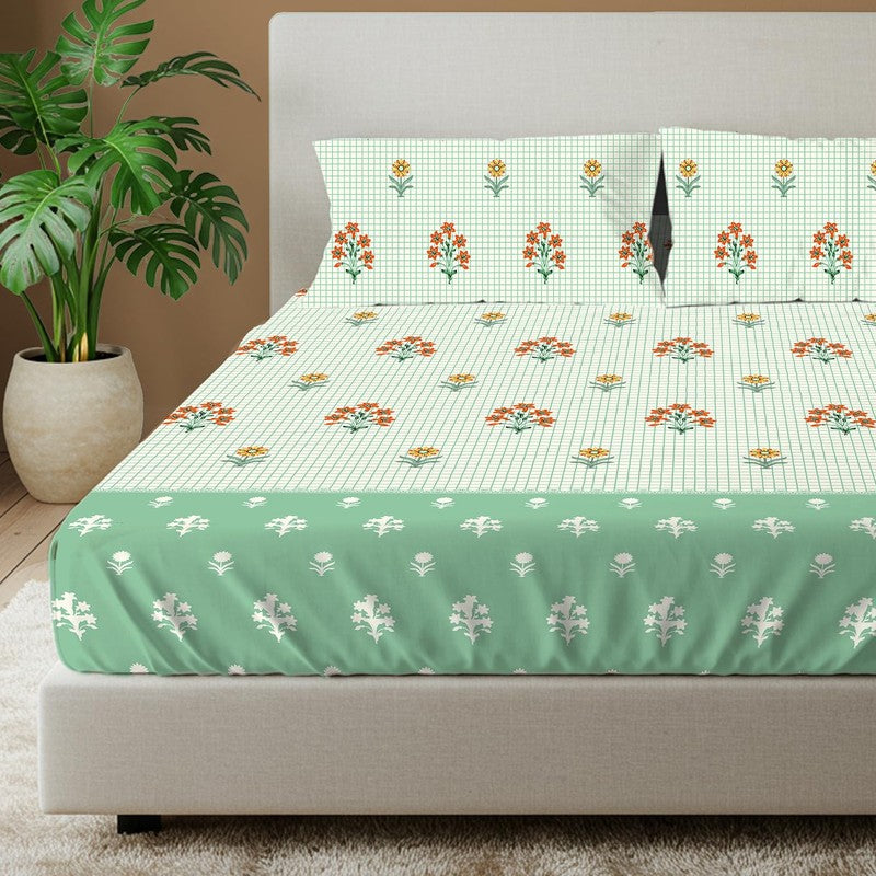 Green Meadows Floral Cotton Bedsheets (Green) - 144 TC media 3