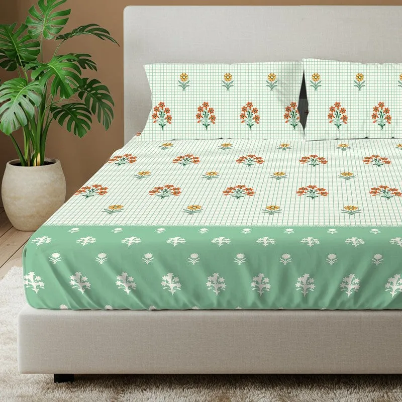 Green Meadows Floral Cotton Bedsheets (Green) - 144 TC media 3