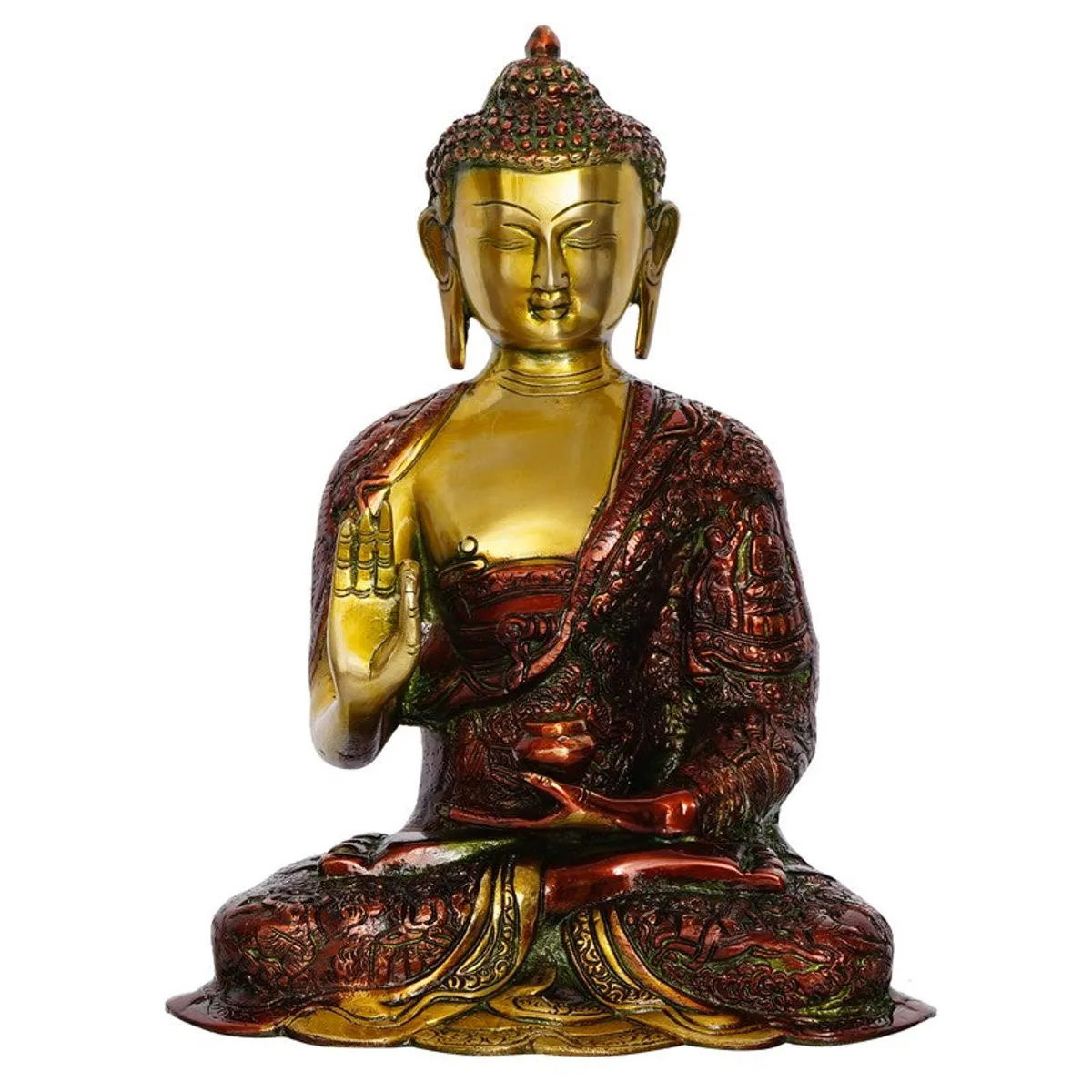 Studio front view of Buddha brass idol in glossy gold and red