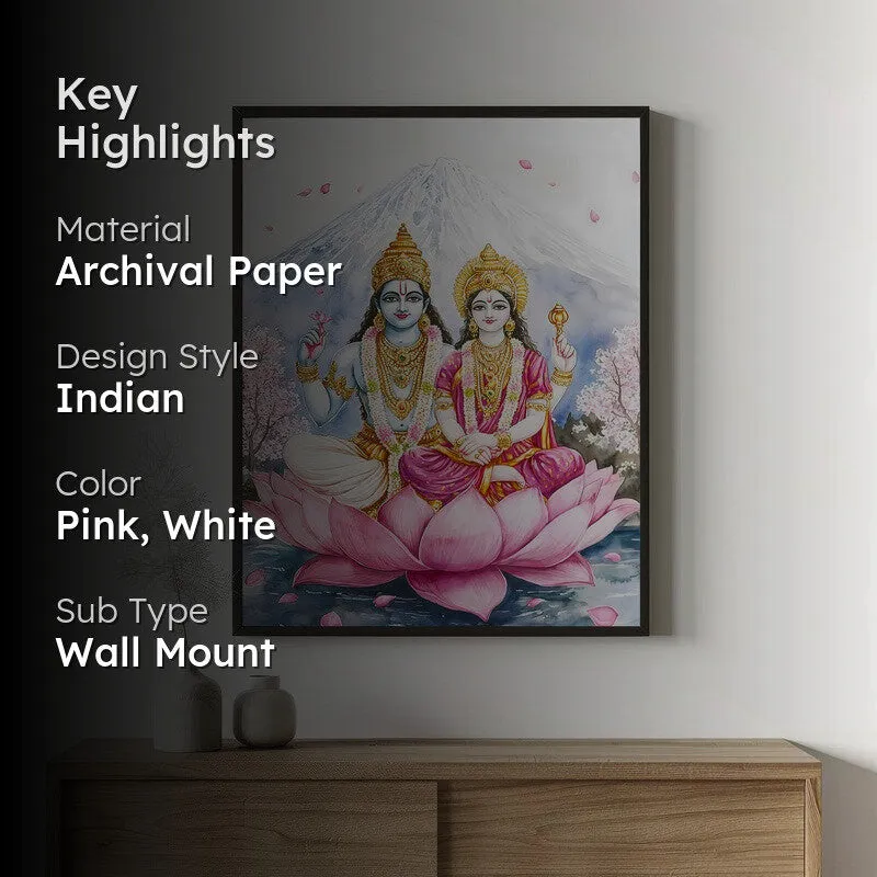 Lakshminarayana Spiritual Archival Paper Wall Painting With Frame - Black media 2