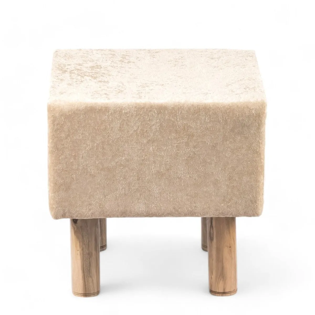 Beige square ottoman with wooden legs, front view