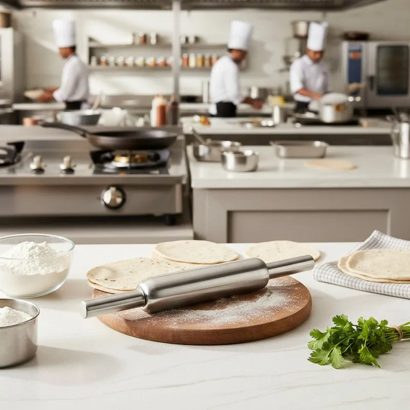 Steel rolling pin on a round wooden board with rolled flatbreads nearby