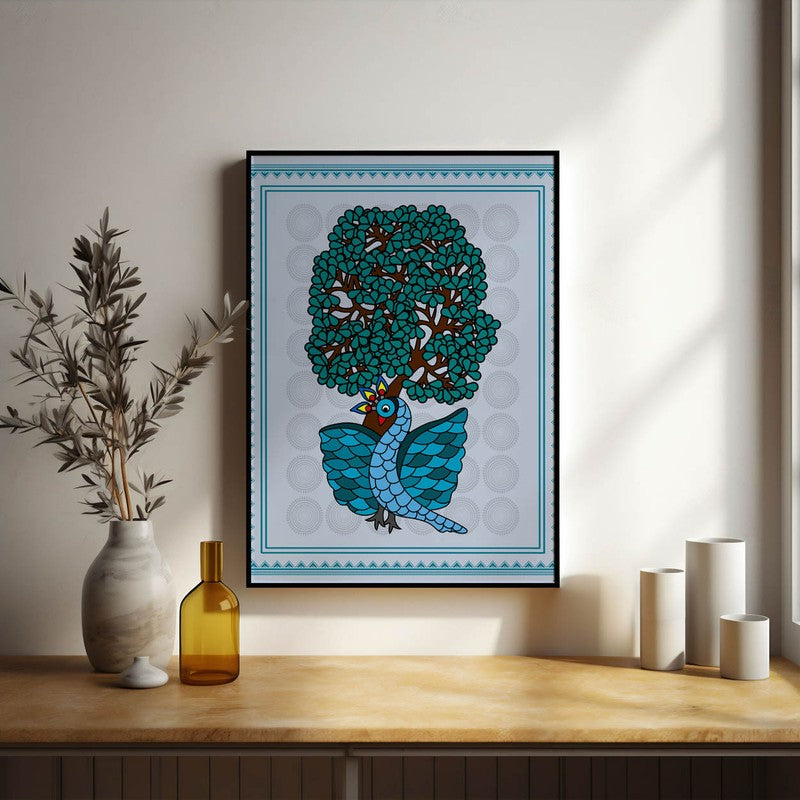 Ethereal Peacock Framed Gond Canvas Wall Painting media 6