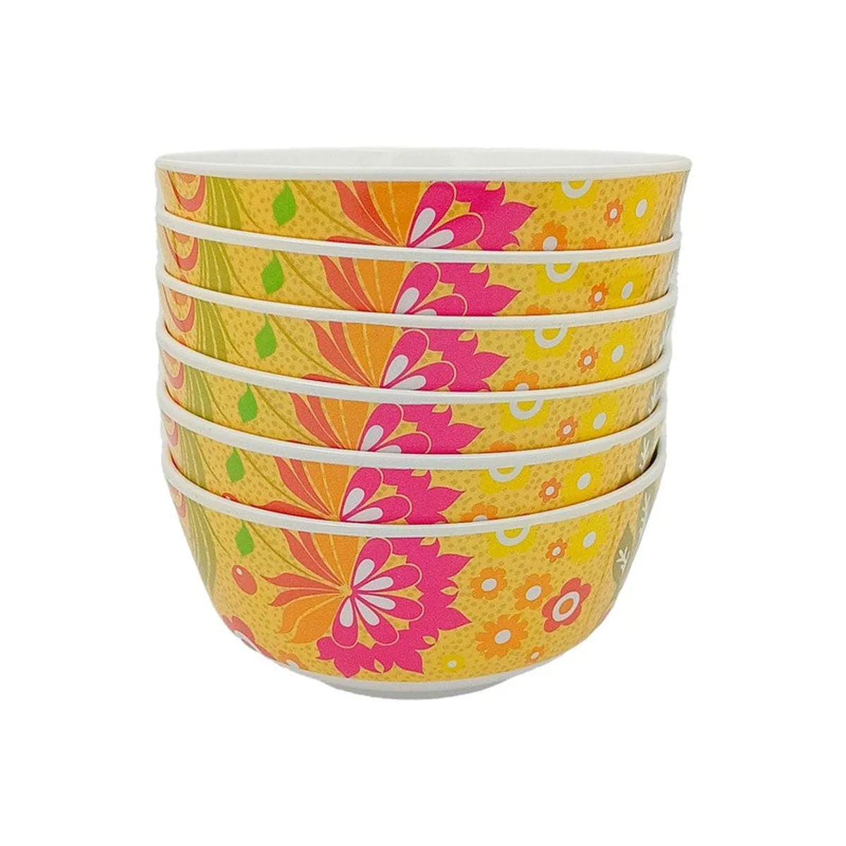 Stacked set of six yellow and pink floral snack bowls