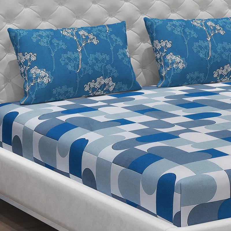Monte Carlo Multi Blocks Cotton Bedsheet (White,Blue) - 104 TC media 5