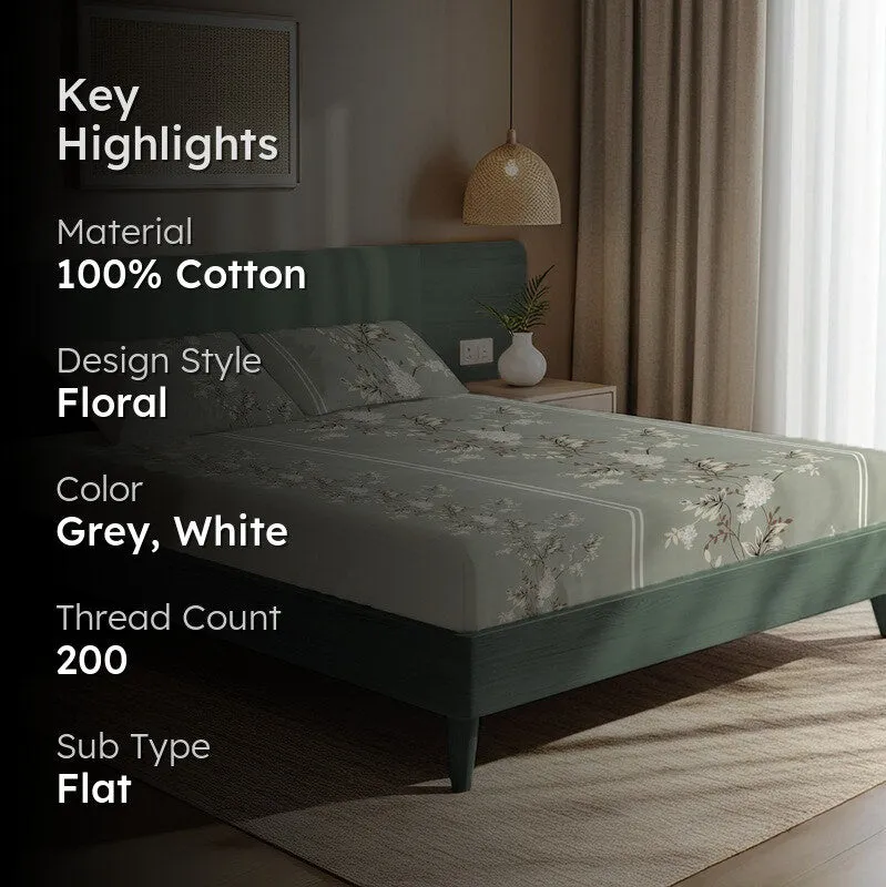Smoky Bloom Floral Cotton Bedsheets (Grey & White) - 200 TC media 2