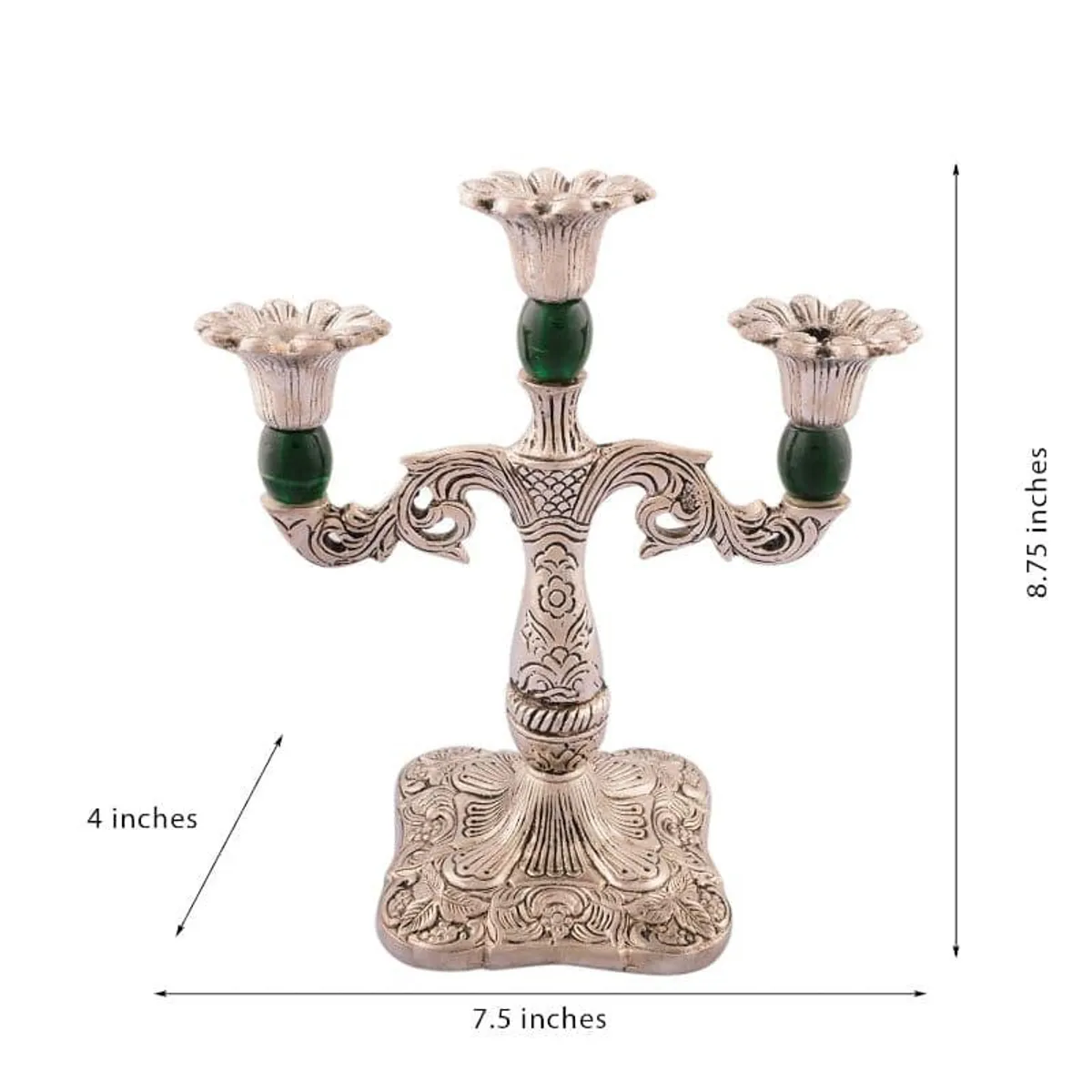 Front view of ornate silver and green three-arm candle stand