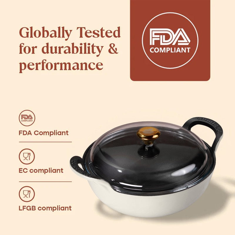 Cumin Co Enamel Cast Iron Kadhai With Lid (3200 mL) - White media 9