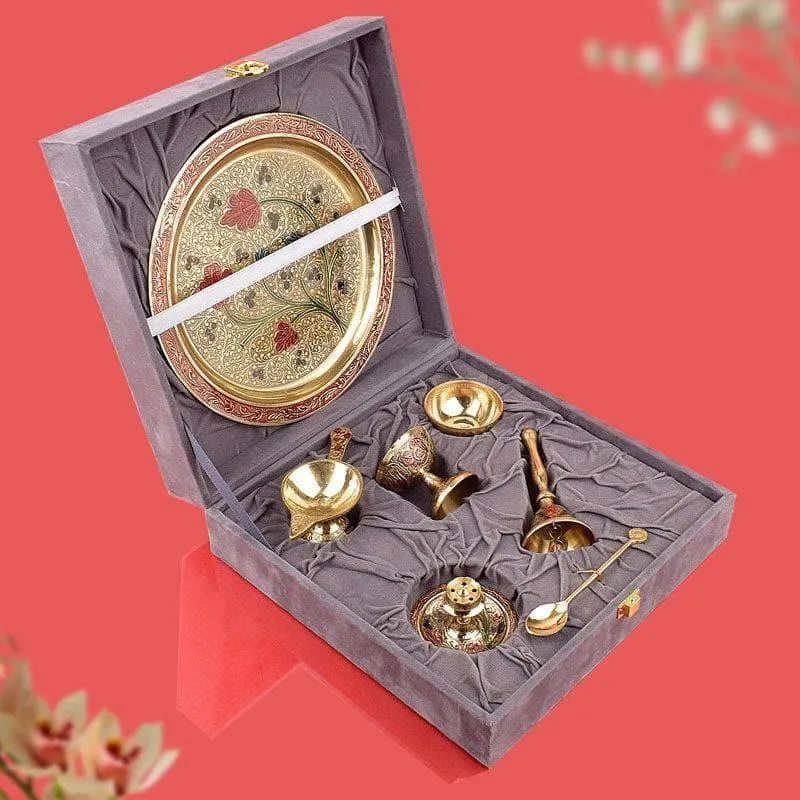 Decorative Brass Puja Thali With Velvet Box media 1