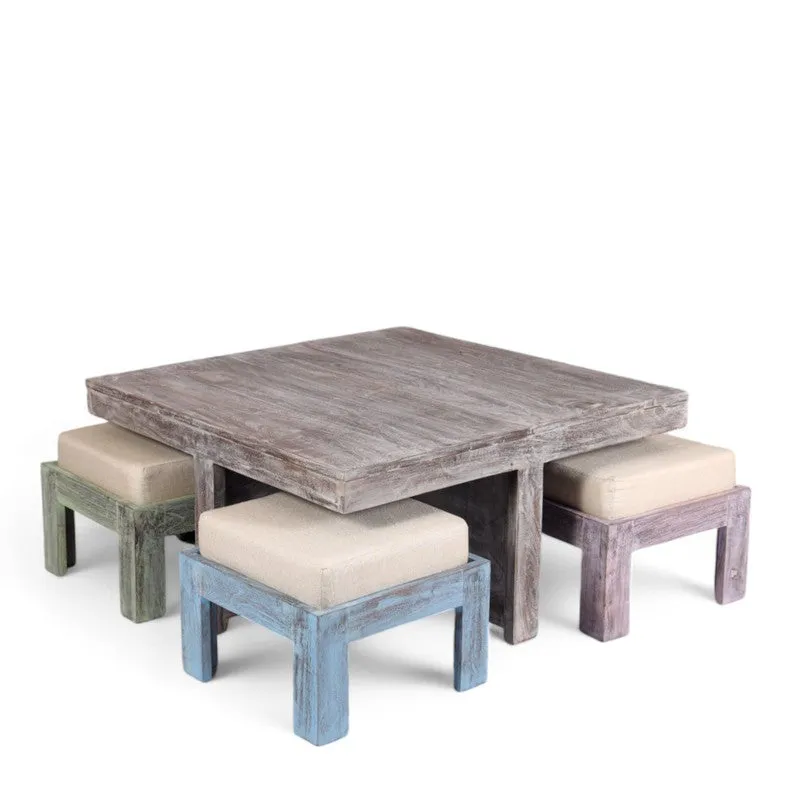 Fervon Sheesham Wooden Center Table with Stools and Cushions (Grey,White) - Nine Piece Set media 4