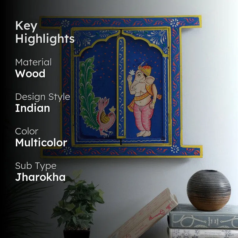 Ganesha Peacock Jharokha Wooden Wall Accents media 2