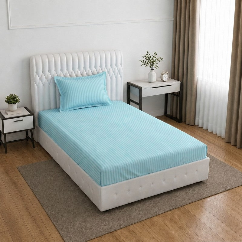 StripeScape Glace Cotton Fitted Bedsheet (Sky Blue) - 130 GSM - Single Fitted