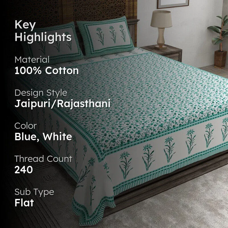 Vinea Cotton Bedsheet (Blue,White) - 240 TC media 2