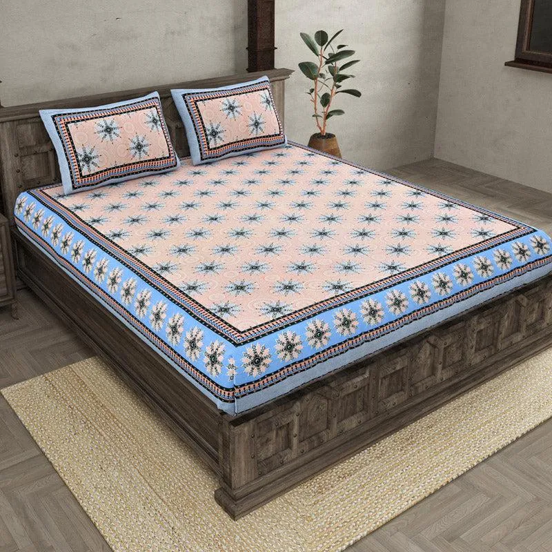 Taara Ethnic Printed Cotton Bedsheet (Peach,Blue) - 160 TC media 1