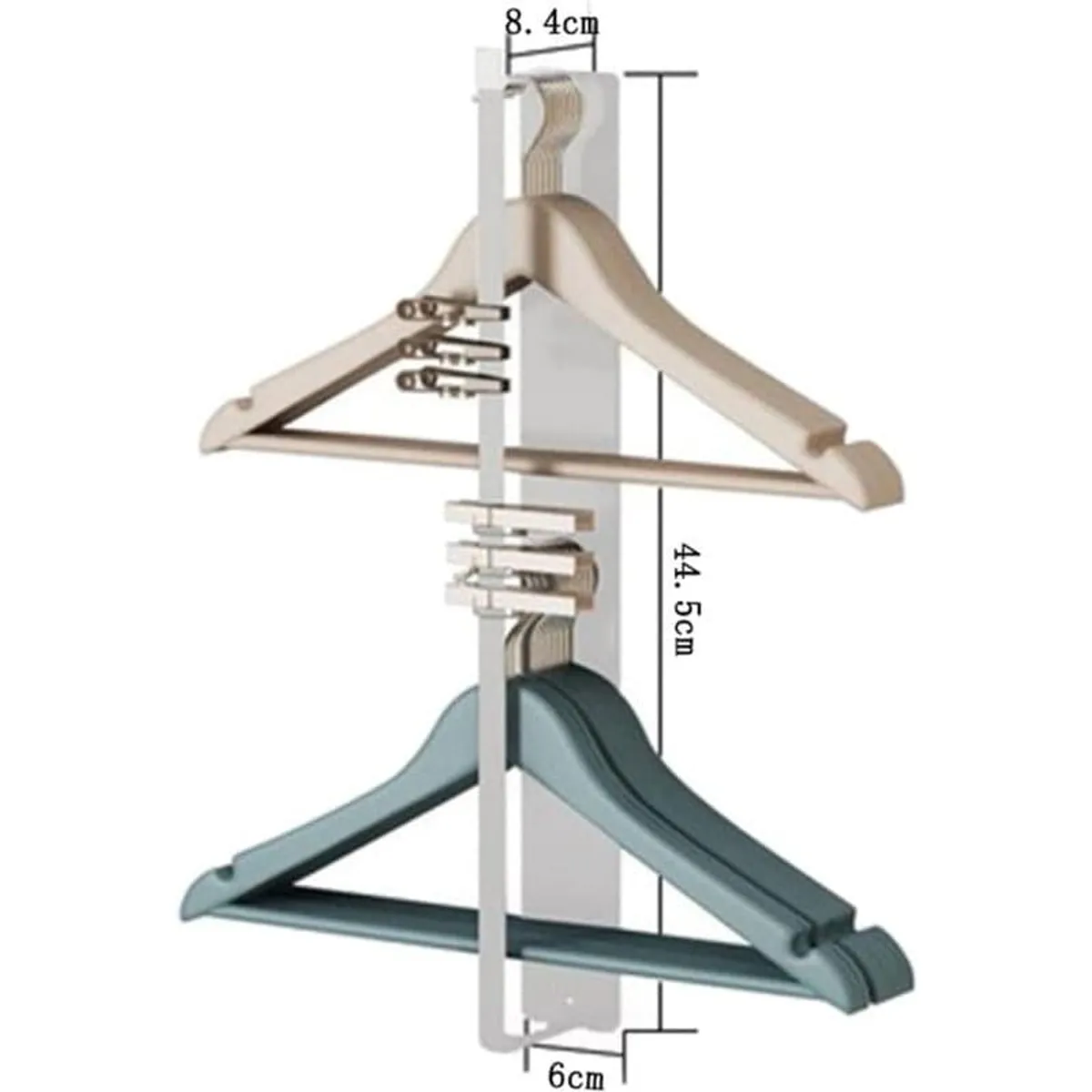 White vertical hanger holder shown with wooden and coloured hangers