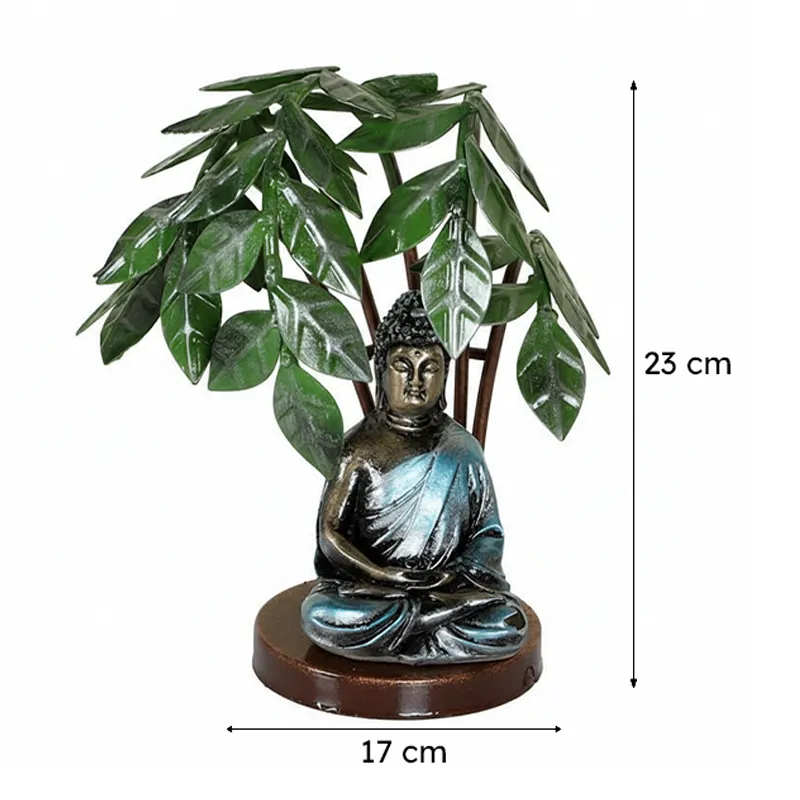 Buddha and Bodhi tree showpiece isolated on white background with dimension arrows