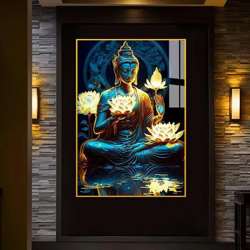 Teal & Gold Buddha Spiritual Canvas Wall Art With Frame - Gold media 3