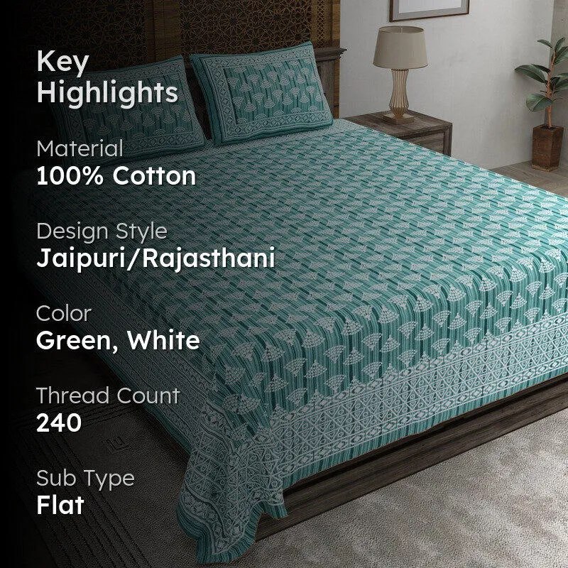 Craftis Cotton Bedsheet (Green,White) - 240 TC media 2