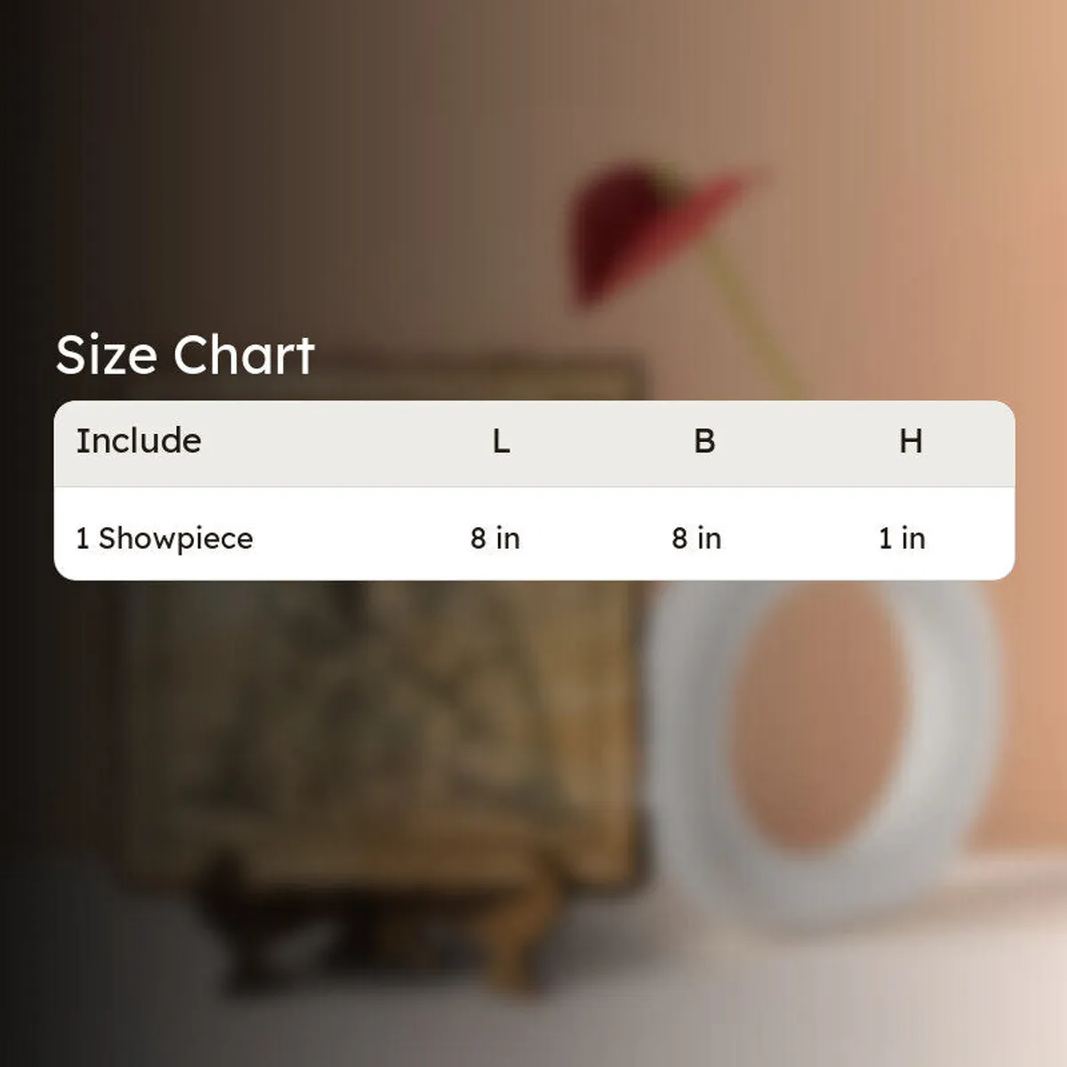 Size chart graphic over a blurred lifestyle background with the showpiece