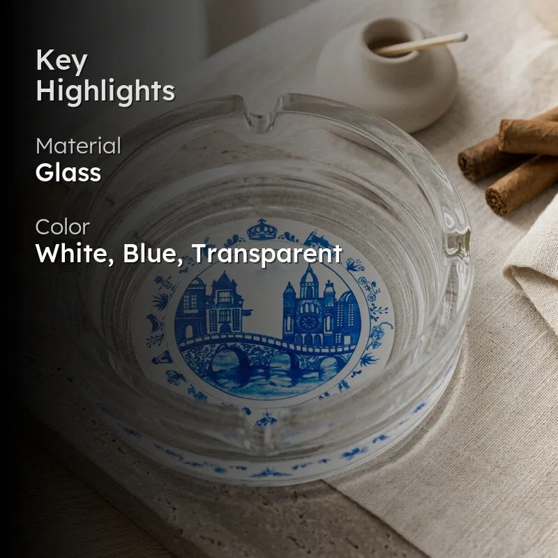 Glass ashtray with blue and white cityscape design highlight image