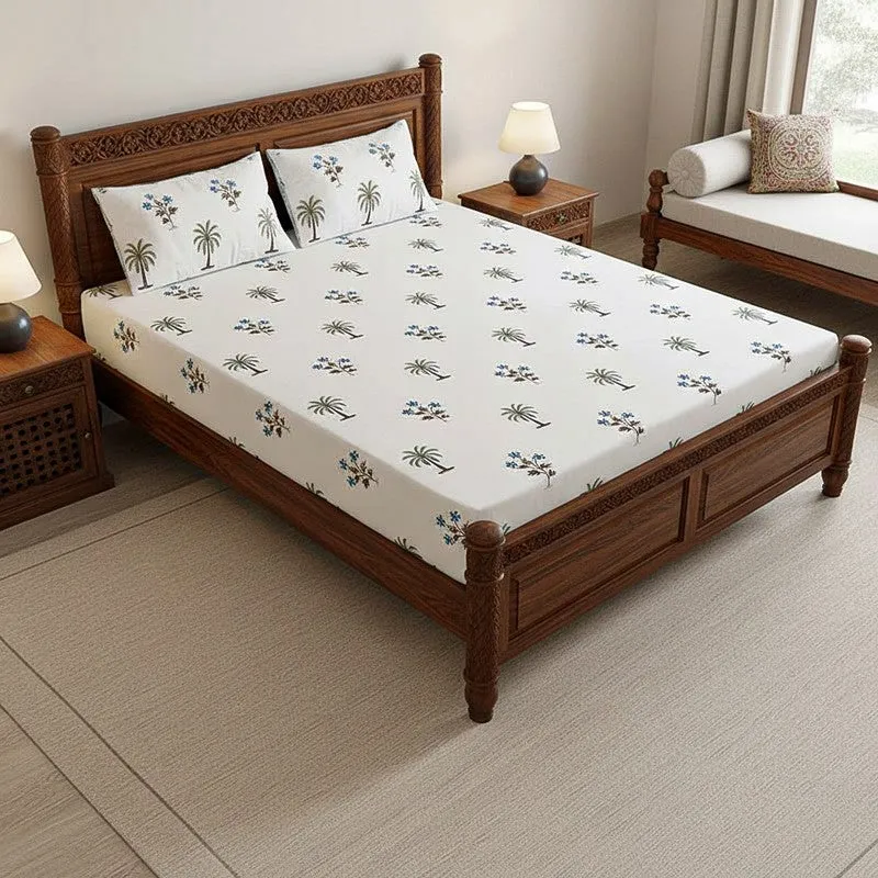 Haveli Cotton Bedsheet (White, Blue) - 180 TC media 1