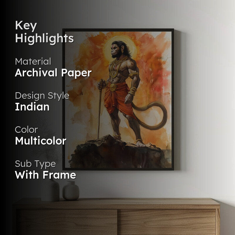 Anjaneya's Leap Spiritual Archival Paper Wall Painting With Frame - Black media 2